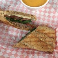 Roast Beef Sandwich · Roasted red peppers, spinach, tomato, red onions, balsamic, vinegar, spicy mayo and provolone.