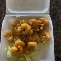 Honey Walnut Shrimp · Crispy shrimp over lettuce glazed with honey walnut sauce, topped with walnuts. 