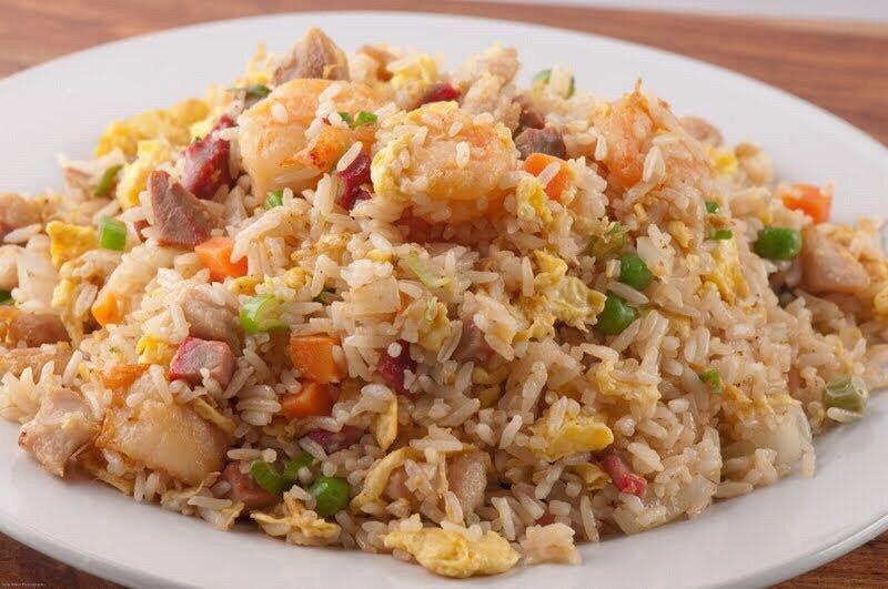 Combination Fried Rice · Chicken, BBQ pork and shrimp. Steamed rice stir fried with eggs, peas, carrots and green onions. 