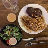 New York Shell Steak · Served with French Fries and Organic Salad.