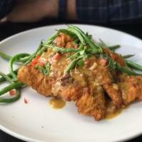 Chef Boyd's Southern Fried Chicken · Buttermilk mash, garlic green beans, and smoked bacon jalapeno gravy.