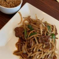 Mongolian Beef Plate · Flank steak, onions and on a bed of homemade spinach noodles. Choose white or brown rice or ...