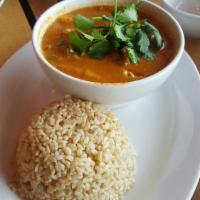 Red Curry · Red coconut curry with red & green bell peppers, carrots, baby corn and pineapples with choi...