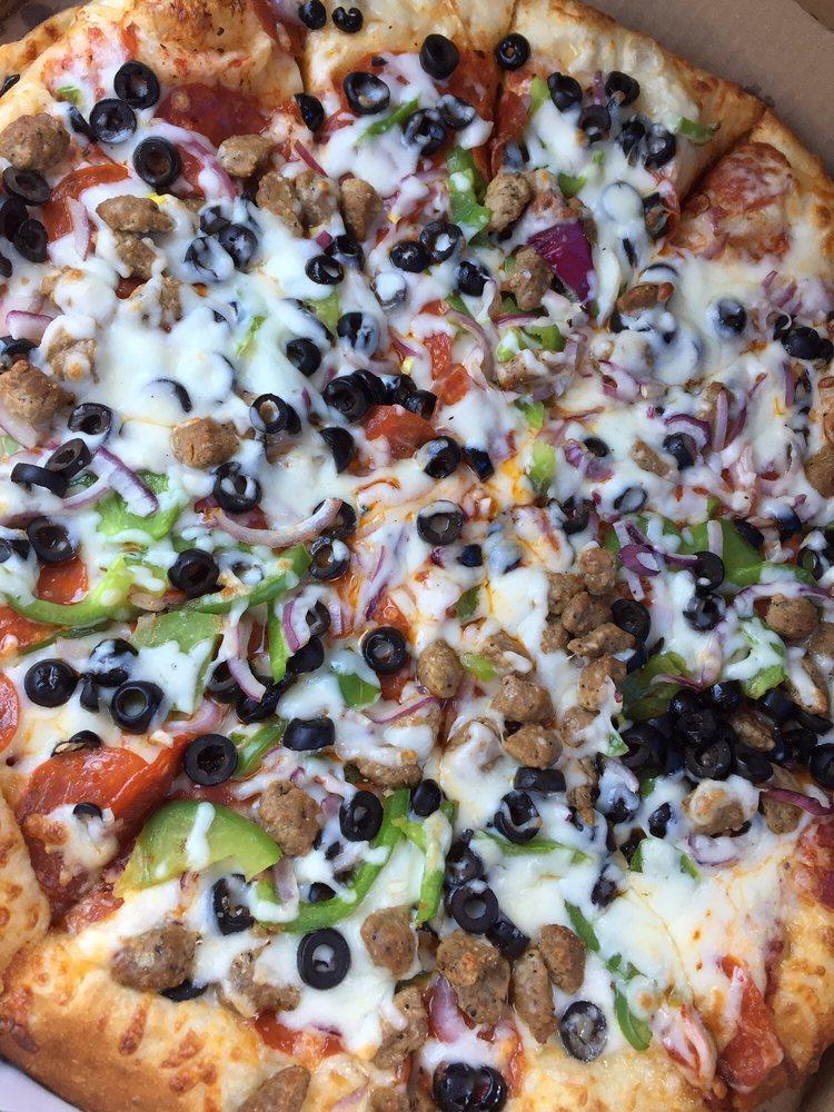 Supreme Pizza · Pizza sauce, mozzarella cheese, pepperoni, sausage, red onion, bell peppers, and black olives.