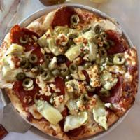 Greek Pizza · Our cheese pizza with jumbo pepperoni, green deli olives marinated in grandma's secret spice...