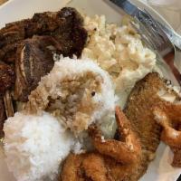 Seafood Combo · Freshly fried shrimp, Island fish fillet, and choice of 1 BBQ item: chicken, beef, or beef r...