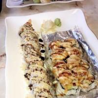 Crunch Roll · Inside: shrimp tempura, crabmeat, avocado and cucumber. Outside: tempura flakes and special ...