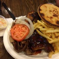 Triple Pleasure · A 1/4 slab of BBQ ribs, a quarter rotisserie chicken and a generous portion of gyros, served...
