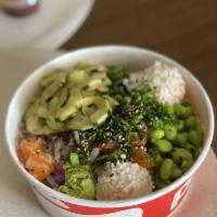 Regular Poke Bowl · Two proteins bowl with choice of rice or salad as base, also toppings and sauce. 
