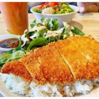 Chicken Katsu · Golden fried chicken cutlet served with katsu sauce over rice and a choice of your side.