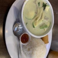 Green Curry · Sauteed coconut green curry with zucchini, bell peppers, bamboo shoots and sweet basil. Serv...