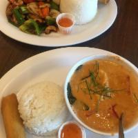 Panang Curry · Creamy coconut Panage curry with bell peppers and kaffir-lime leaf. Served with jasmine rice...