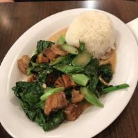 Crispy Pork with Chinese Broccoli · Stir-fried crispy pork belly with Chinese broccoli. Served with jasmine rice.
