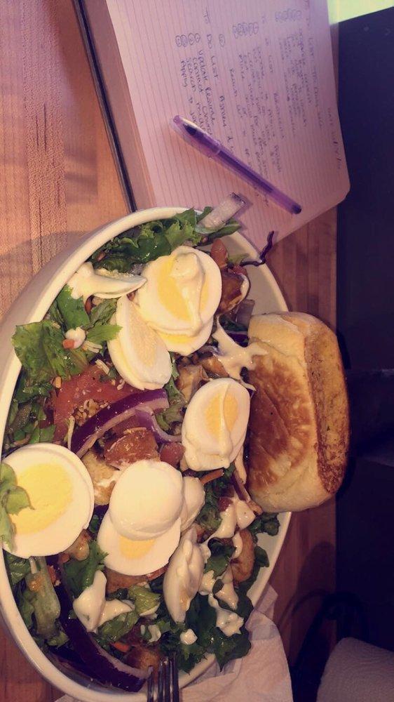 Grilled Chicken Salad · Grilled chicken, Monterey Jack and cheddar cheeses, smokehouse bacon, tomatoes, croutons and eggs.
