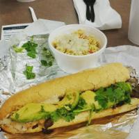 Chipotle Chicken Sandwich · Fresh grilled chicken, sauteed mushrooms, caramelized onions, avocado, cilantro, melted prov...