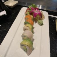 Alaska Rainbow Roll · Spicy snow crab, cucumber inside, topped with tuna, salmon, yellowtail, white tuna, avocado,...