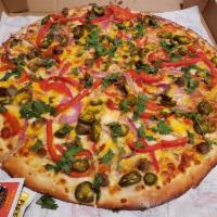 Mexican Pizza · Homemade tomato sauce, cheddar, and mozzarella cheese, pepperoni, jalapeno peppers, red onio...