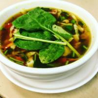 Mixed Vegetable Soup · Cabbage, carrots, peas, soy sauce, vegi base, cilantro, spinach. Vegetarian. Vegan. Gluten-f...
