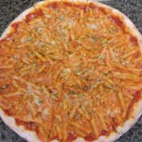 Baked Ziti Pizza · Ziti pasta tossed with marinara sauce, ricotta, mozzarella and Parmesan.
