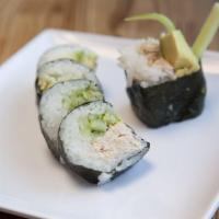California Roll · imitation crab & avocado roll topped with sweet sauce and sesame seeds.