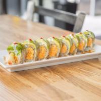Green Train Roll · Shrimp tempura and spicy krab roll topped with avocado, eel sauce, sweet mayo and sriracha.