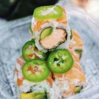 Salmon Double Trouble · Salmon tempura & avocado roll topped with salmon sashimi, sliced jalapenos, sweet mayo and e...