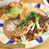 Mi Pueblo Especial · 4 oz. grilled chicken breast, 4 oz. flank steak set on a mix of chorizo (Mexican Sausage) an...