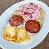 Mangu Tres Golpe Plate · Mashed plantains with red onions. Served with Dominican salami, cheese and 2 eggs.