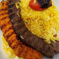 Beef Koobideh · 1 juicy skewer of juicy charbroiled seasoned ground beef served with basmati rice and topped...