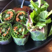 Summer Rolls · Cut to 6. Mix green, cucumbers, carrots, basil and cilantro wrapped in rice paper and served...