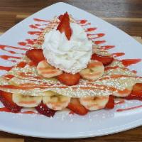 Banana Strawberries Crepe · Banana, strawberries & powder sugar. (Whipped Cream not served with delivery)