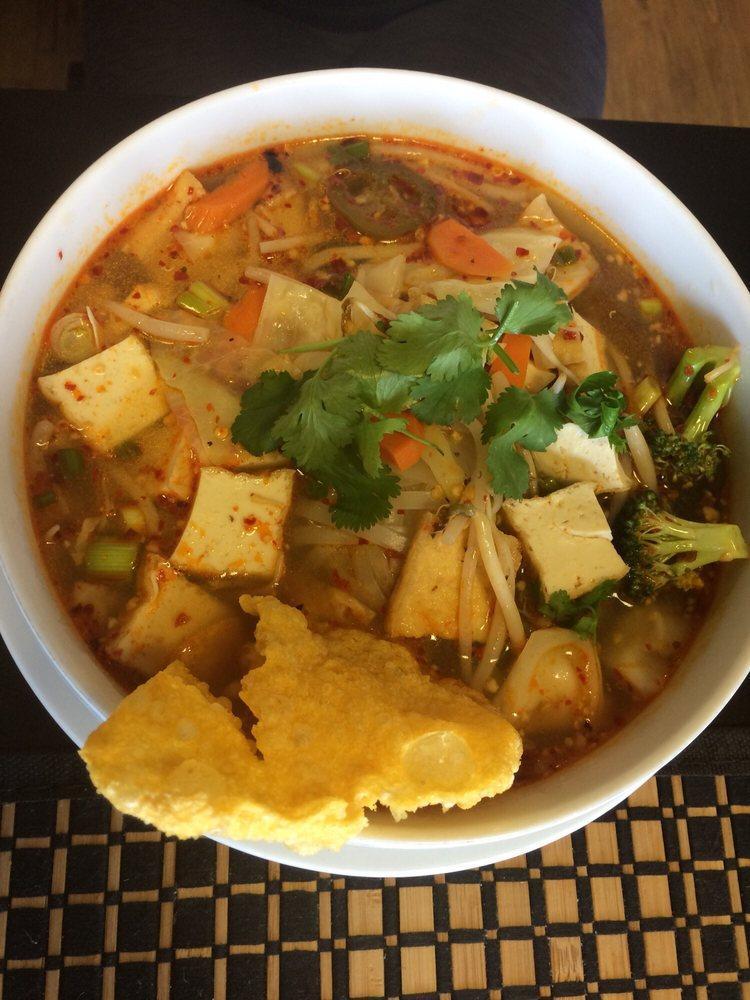 Tom Yum Soup · Mushrooms, tomatoes, lemon grass herbs, lime juice and choice of chicken or shrimp.
