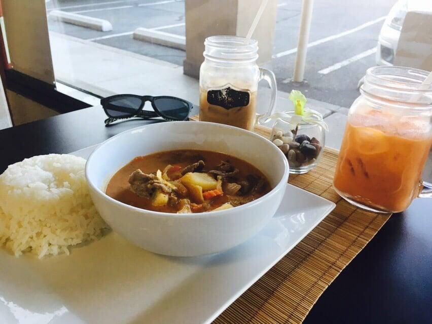 Massaman Curry · Choice of beef or chicken cooked in curry paste, coconut milk, onions, potatoes, peanuts and herbs.