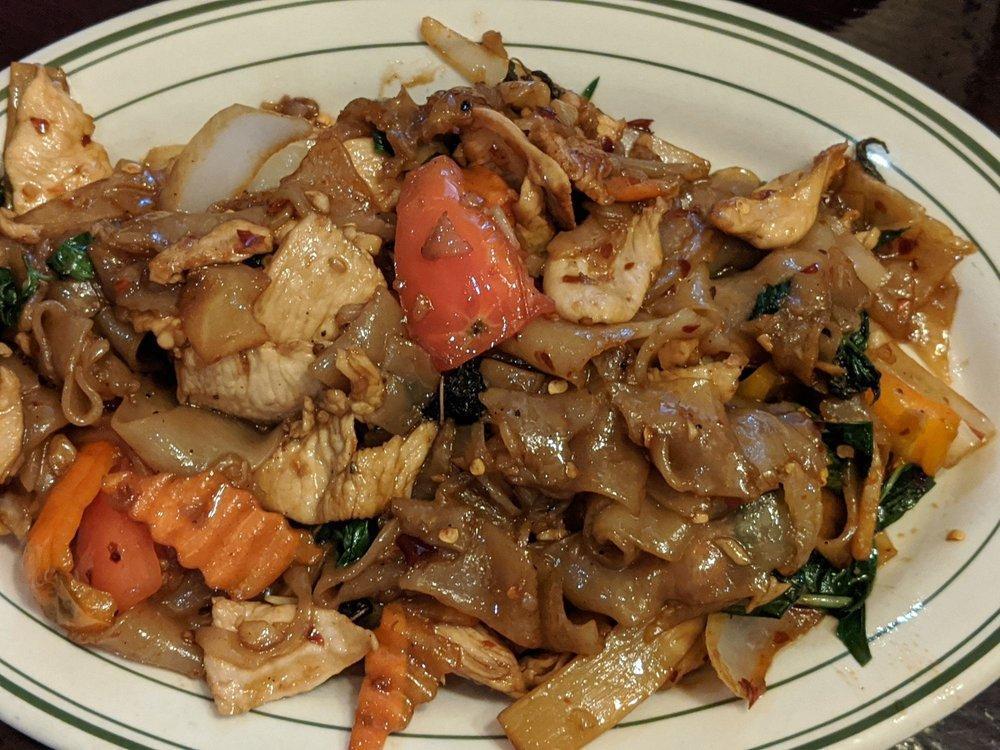 Drunken Noodles · Your choice of beef, chicken, or pork with fresh broad noodles, sauteed with garlic, bamboo shoots, tomatoes, onions, chilies, and basil in a brown sauce.