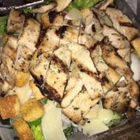 Grilled Chicken Caesar Salad · Romaine lettuce, sweet pepper, boiled eggs, grilled chicken strips, croutons and Caesar dres...