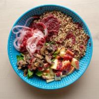 Quinoa Bowl · Quinoa, seasonal veggies, greens, and house dressing. Vegan.
