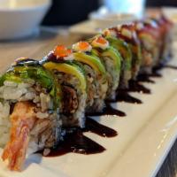 Angel Roll · Fresh salmon, tempura shrimp, spicy crab, topped with fresh tuna, ikura, avocado, serrano pe...
