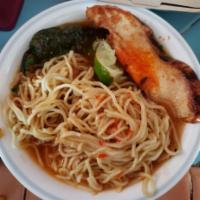 The Shoyu on Fire · Spicy clear chicken broth with Shoyu, green onion, corn, seaweed, jalapeño, micro cilantro, ...