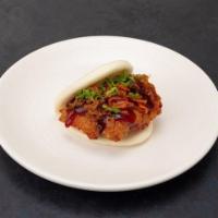 Spicy Chicken Bun · Chicken karaage, ghost pepper kimchi, green onion, and teriyaki sauce