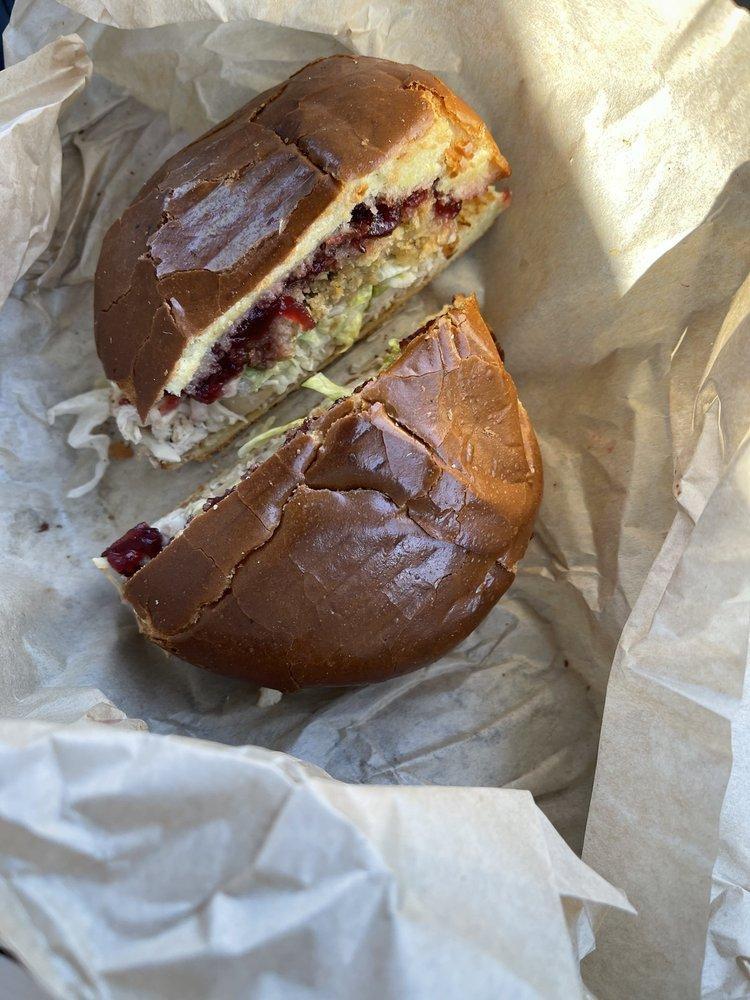 Turkey Cranberry Sandwich · Turkey, cranberry sauce, stuffing with or without gravy and lettuce.