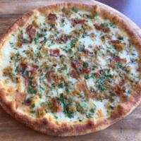 New Haven White Clam Pizza · Clams, garlic, seasonings, olive oil, bacon. No tomato sauce.