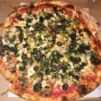 Veggie Pizza · Broccoli, spinach, mushroom, onions, peppers and sauce.