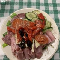 Antipasto Salad · Rolled ham, salami, provolone, olives, house made roasted red peppers, tomatoes, cucumbers a...