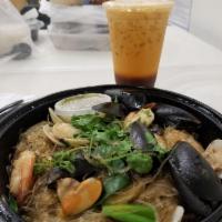 Casa Seafood Noodle · Shrimps, clams, black mussels, glass noodle, green onion, ginger in sesame, and soy sauce. S...