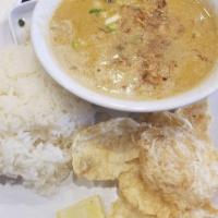 Soto Betawi / Betawi Style Soup · Beef, beef tripe, tomato and potato in coconut milk soup, served with white rice and padi ou...