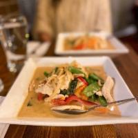 Red Curry · Mixed vegetables( String beans, bamboo shoots, bell pepper, eggplant, carrot) with coconut m...
