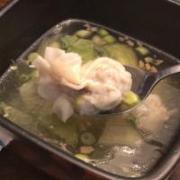 Wonton Soup · Minced pork and shrimp wontons in a rich chicken broth. Complimented with lettuce, garnish w...