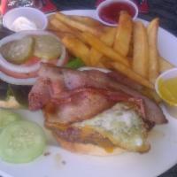 Champions League Burger · Burger topped with an egg, Irish or American bacon, and cheddar cheese.