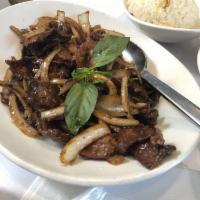 Basil Chili Beef · Choice Harris Ranch Beef tossed with dried chili flakes, spices, jalapenos and onions; finis...