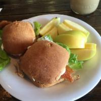 Cranberry Turkey Sliders · Pulled turkey, red onion, cranberry sauce, lettuce, and house-made sage mayo with yeast roll...